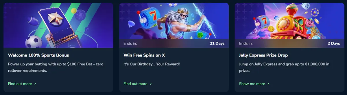 Winz.io promotions page featuring a 100% Sports Welcome Bonus, a birthday free spins offer on X, and the Jelly Express Prize Drop with a €1,000,000 prize pool.