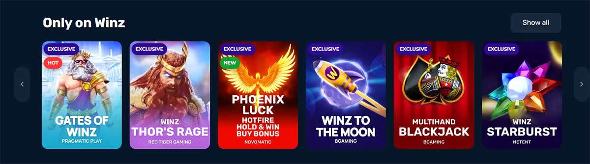 A display of exclusive casino games available only on Winz, featuring branded titles like Gates of Winz, Winz Thor's Rage, and Winz Starburst.