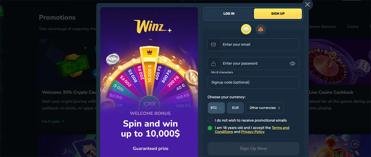 The Winz.io registration screen displays a 